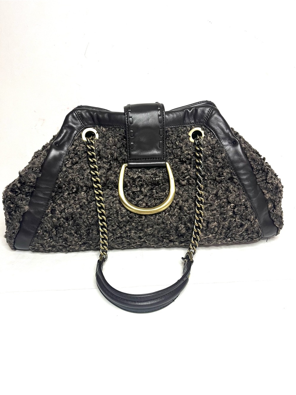 Vintage Donald J Pliner Couture Dark Brown Leather and Faux Shearling Boucle Bag